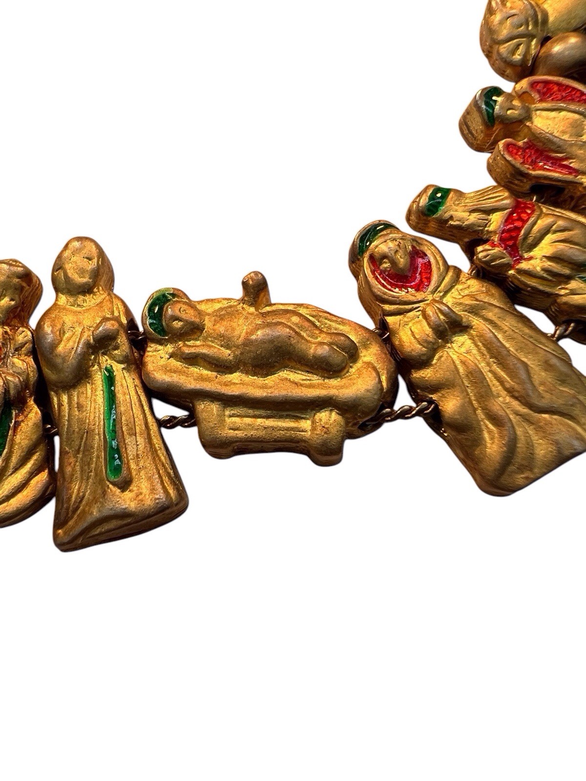 Christmas Nativity Gold-Tone Enamel Charm Slide Bracelet Signed Two Sisters WB