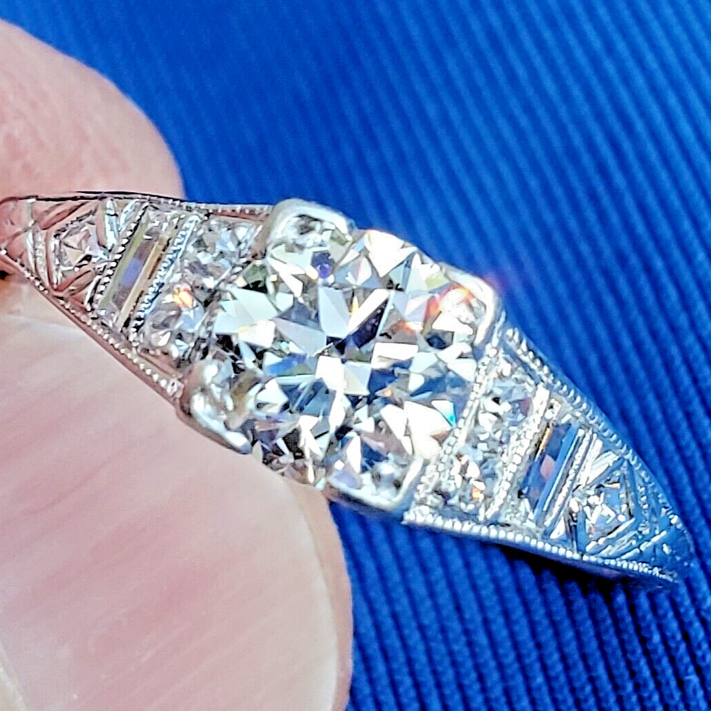 Original EARTH MINED DIAMOND ART Deco Engagement Ring 1 CARAT PLATINUM Solitaire