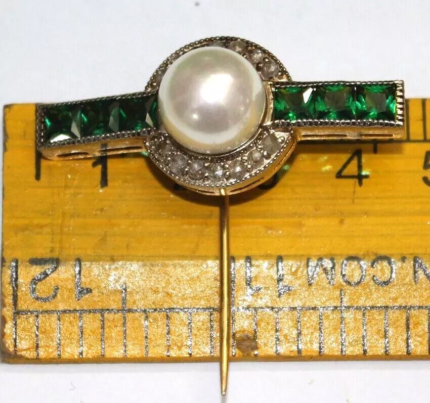0.85ct Rose Cut Diamond 925 Silver Emerald Pearl Anniversary Wedding Stick Pin