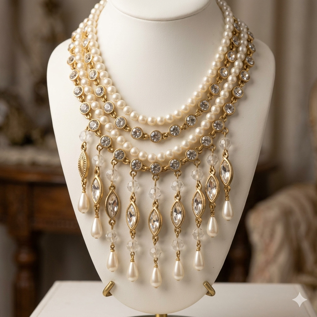 VINTAGE BEAUTIFUL PEARLS & CRYSTALS BEADED 4 LAYER NECKLACE LUXURIOUS