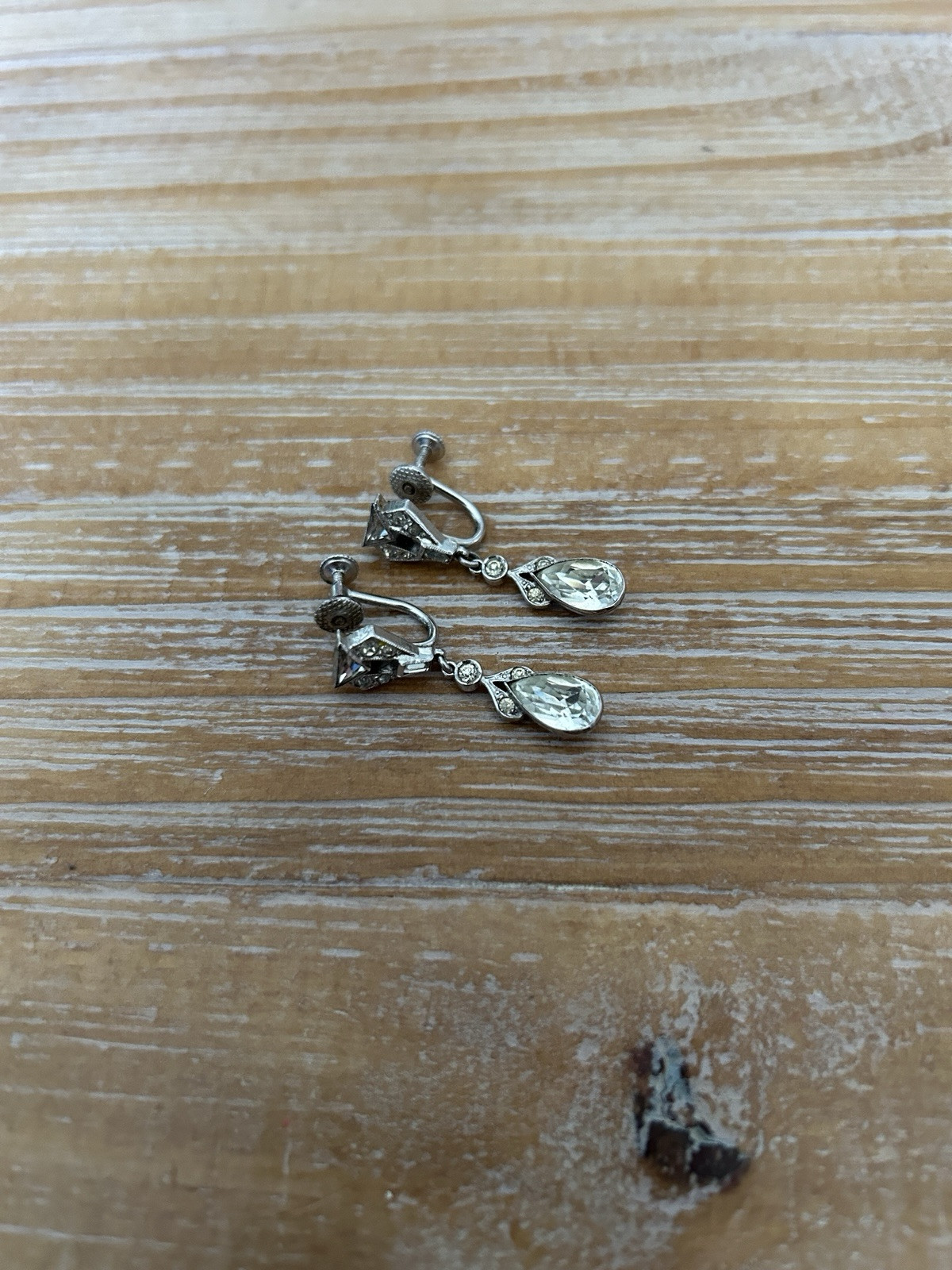Vintage 1930s-1950s Screw Back Rhinestone Sterling Marked Tear Drop Earrings