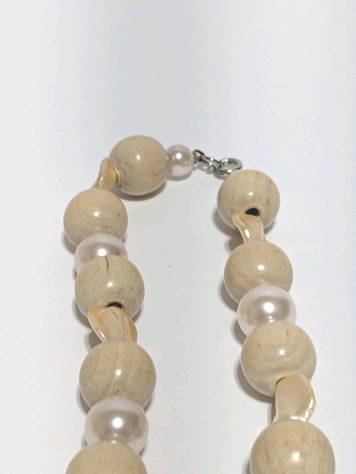 Vintage Wood Bead, Shell & Imitation Pearl Necklace. Light Colors 14″. BOHO