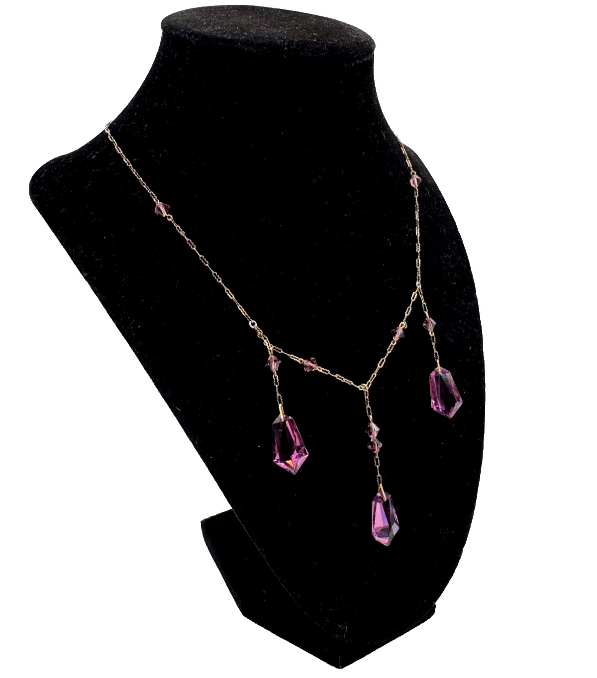 VICTORIAN ANTIQUE STERLING SILVER FESTOON CHAIN NECKLACE PURPLE GLASS DANGLES