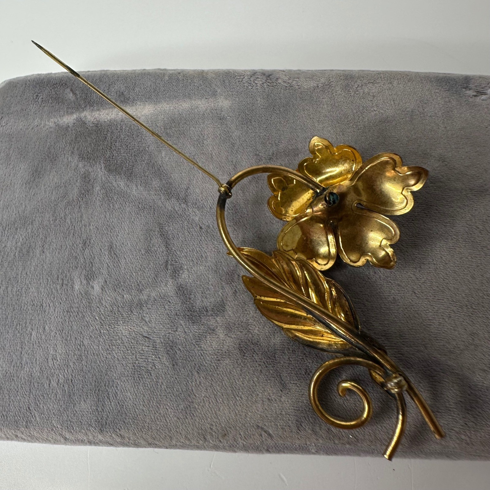 Vintage Pink Enamel Flower Brooch Gold Tone Leaf Blue Bead Pin Spring Romantic