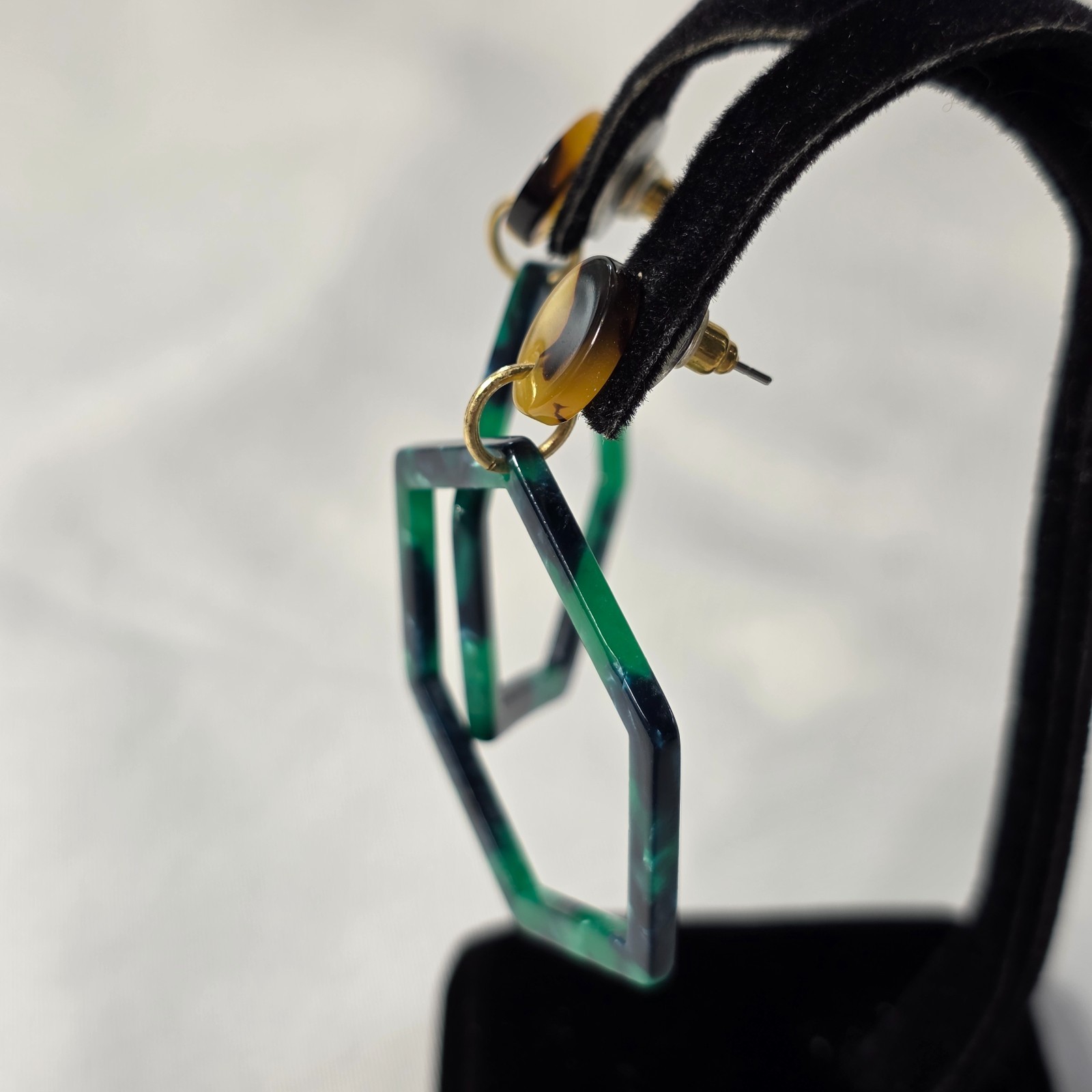 Green Hexagon Acrylic Hoop Earrings Polished Tortoise Shell Finish