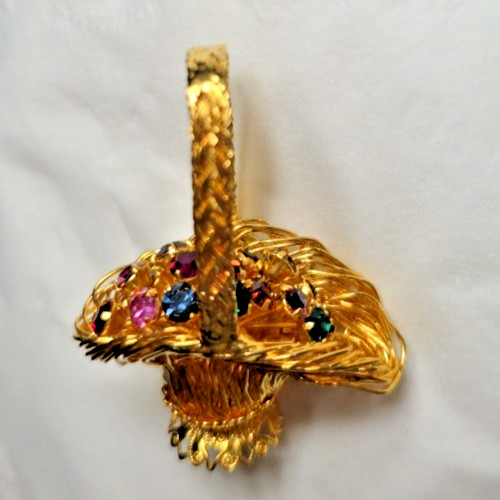 Vintage MCM Retro Gold Tone Flower Basket Pin Brooch Colorful Rhinestone Flowers