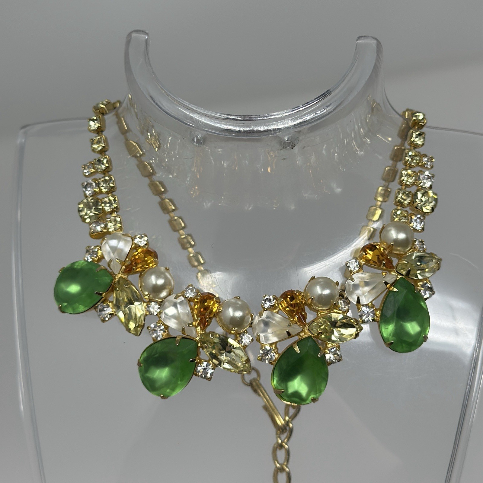 Vintage Czech Crystal Collar Necklace Green Yellow Imitation Pearl Statement 17”