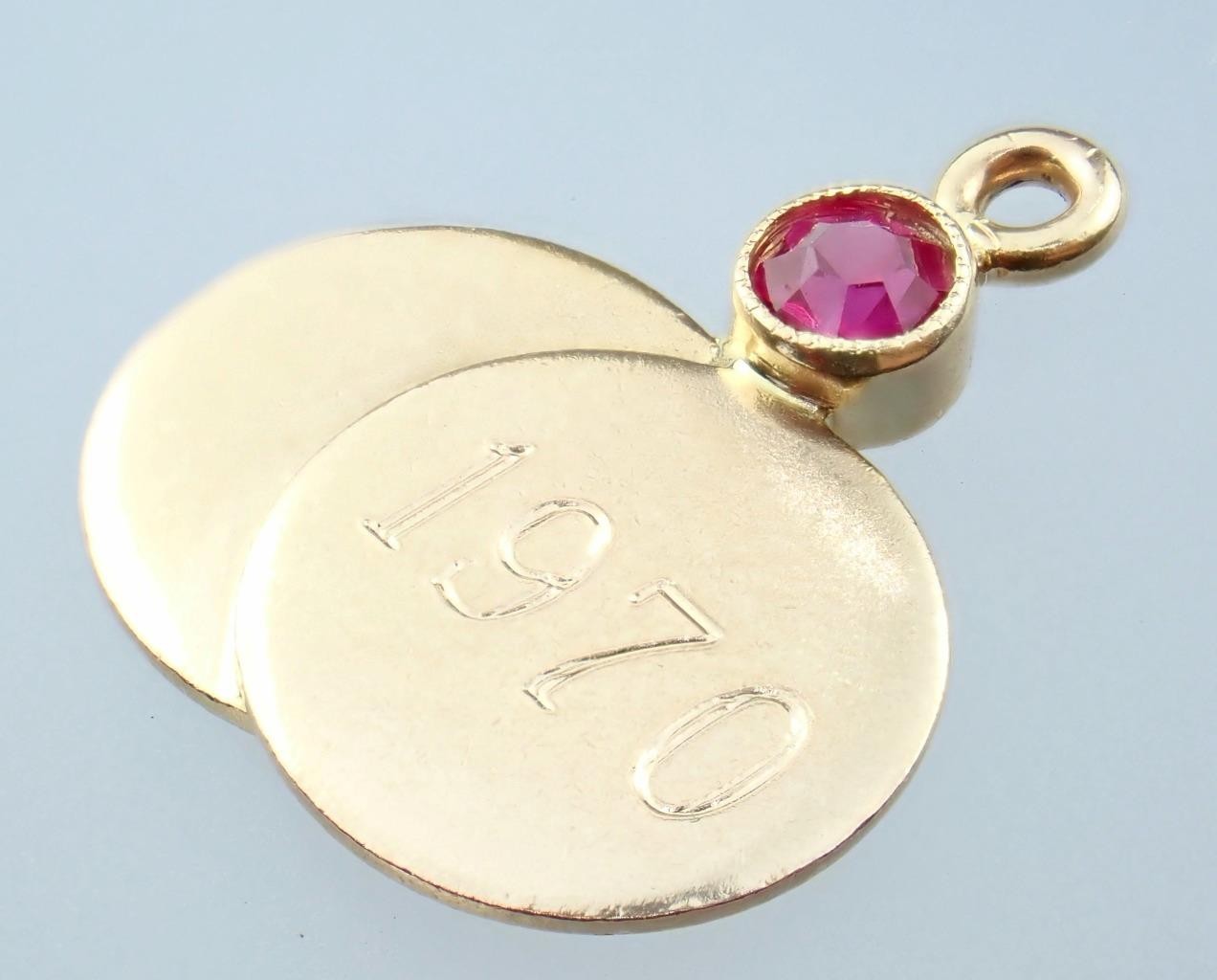 Pretty Vintage Solid 14K Gold Lab Created Ruby Medallions ‘1970’ Charm Pendant