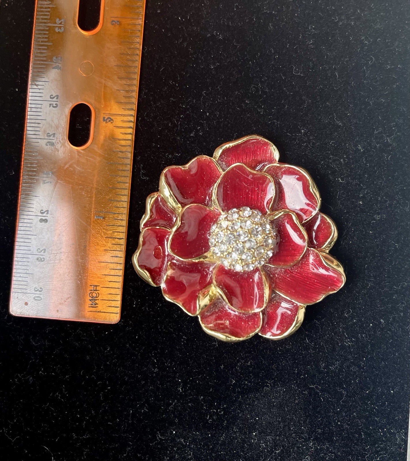 Vintage Monet Signed ENAMEL Red Poppy Flower Brooch-Pin Gold Tone & Rhinestones