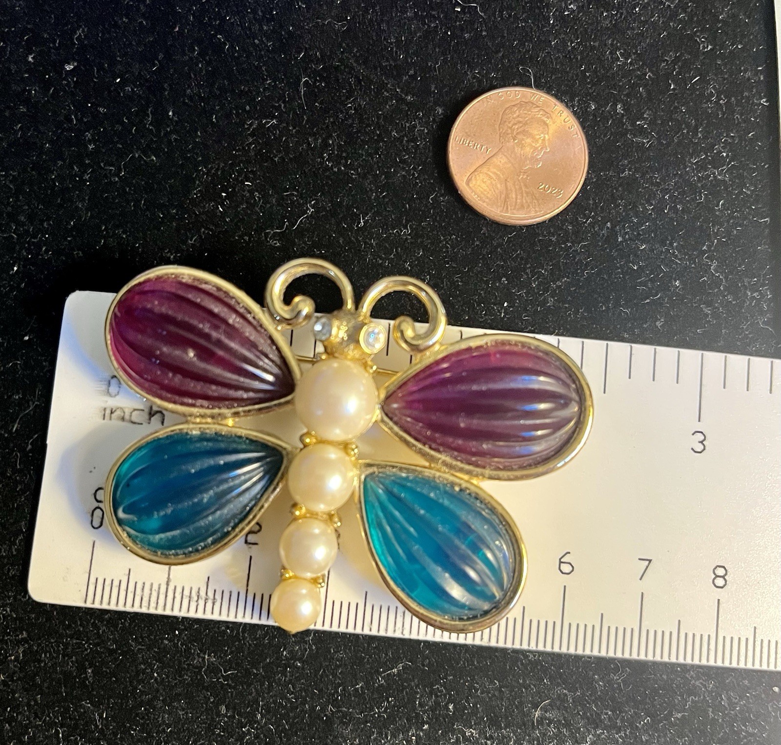 Vintage Purple And Teal Blue Gripoix Style Butterfly Brooch Pin – Pearls Diamond