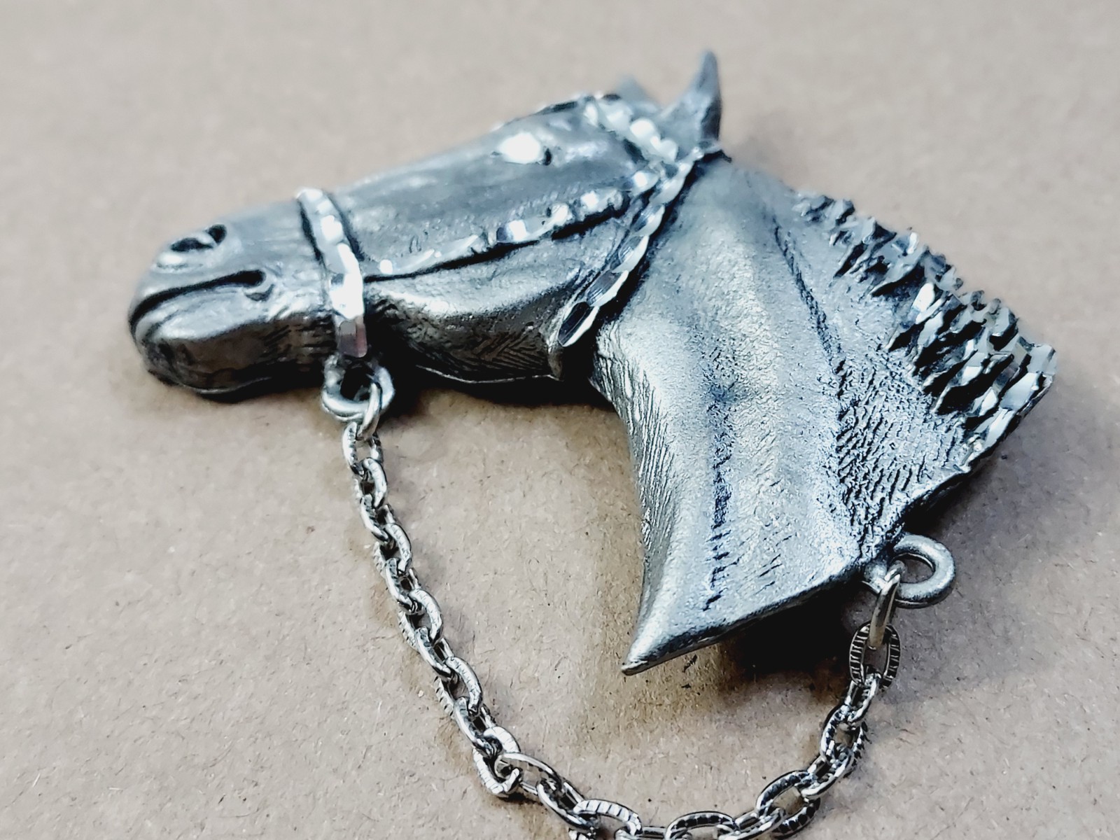 Equestrian Pewter Horse Head Brooch W/Chain Created by Ege Pewter Co. 1992