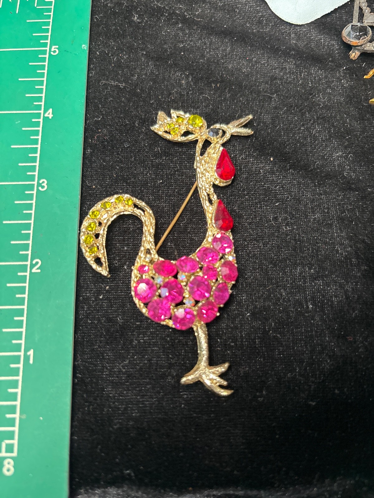 Vintage rooster brooch Green Red pink fuchsia rhinestones
