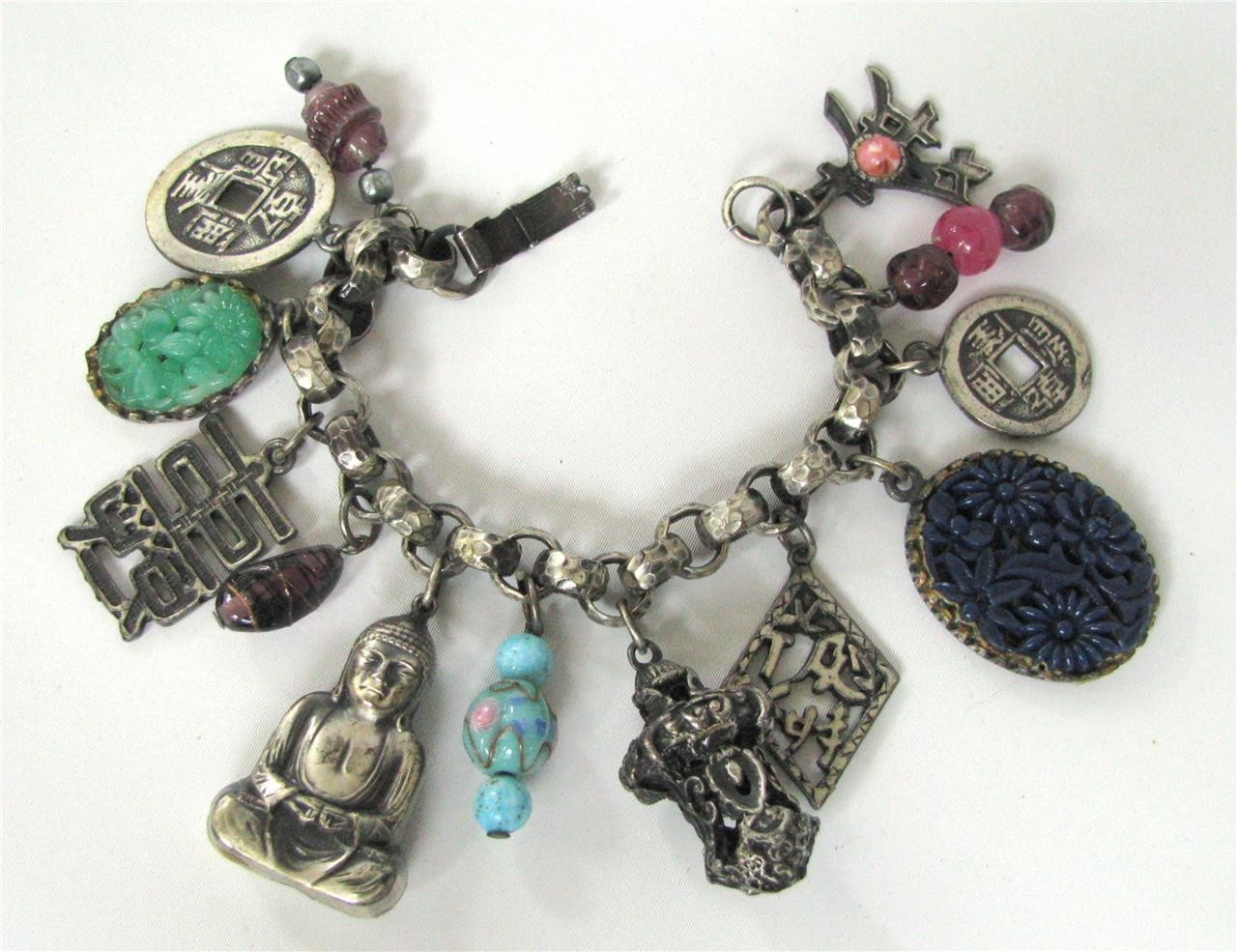 Vintage Napier Shangri La CHUNKY Asian 13 Charm Bracelet Silver 1950’s 7.25″