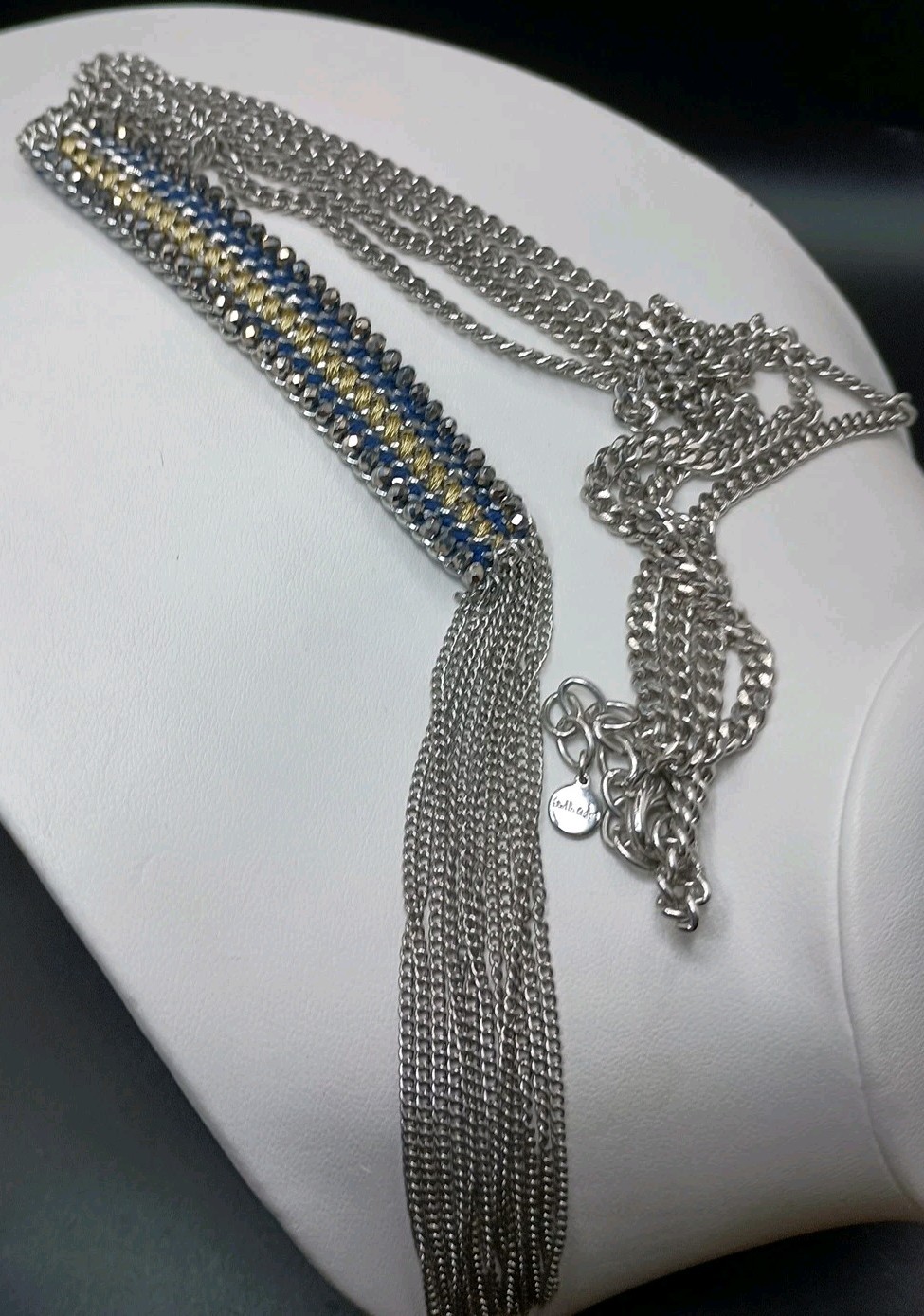 Stella & Dot Long Tassel Necklace Rhinestone Fringe Silver Tone 35″