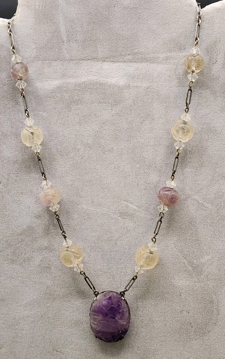Antique Art Deco Chinese Carved Purple Amethyst Bead Necklace w/Carved Pendant