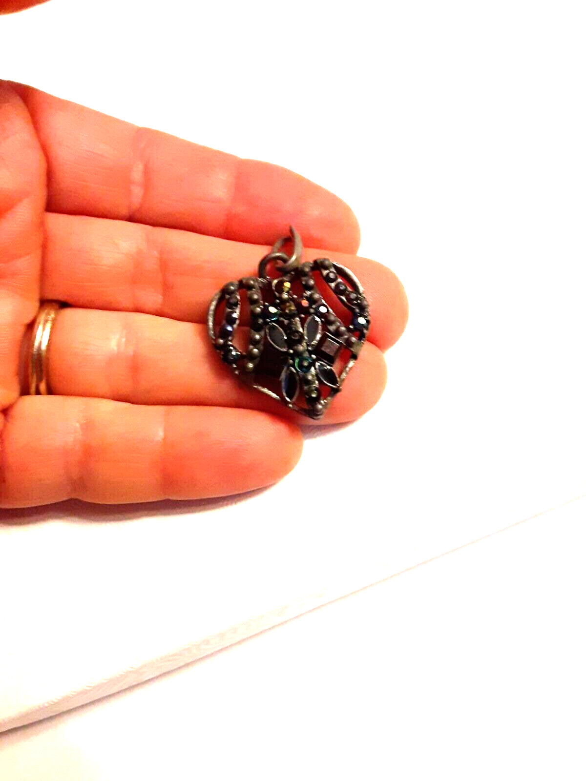 Vintage Pewter Openwork Pendant or Zipper Pull w/Enamel & Rhinestones