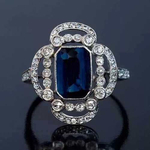 Art Deco Emerald Cut Sapphire & Lab Created Diamond 14k White Gold Finish Ring