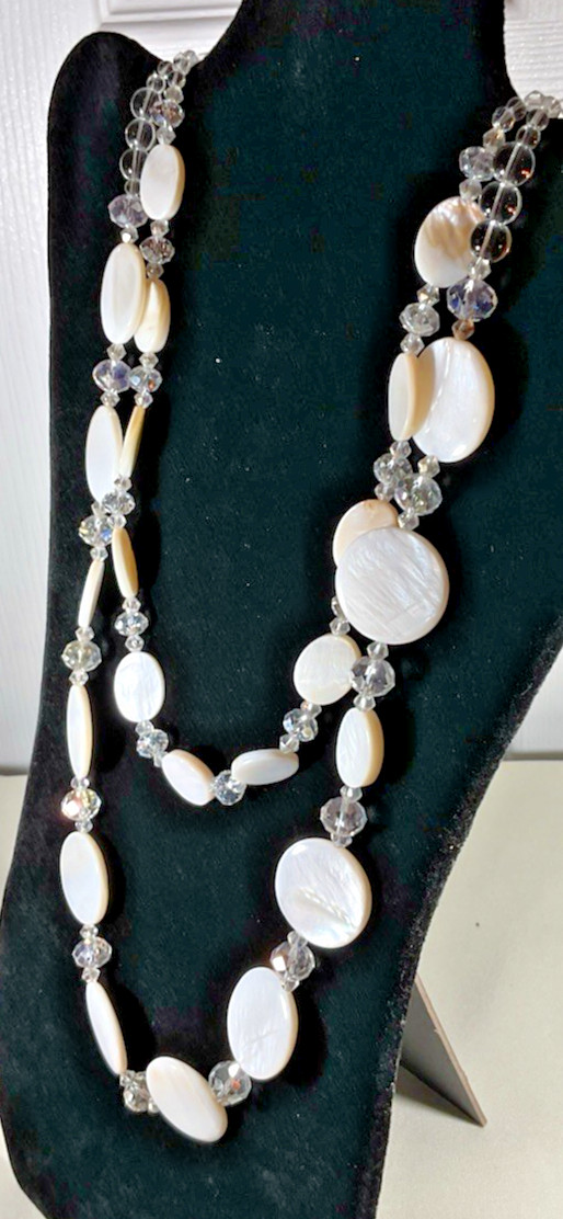 Mother of Pearl Abalone Necklace White Double Strand w/ Clear Glass Beads Chic