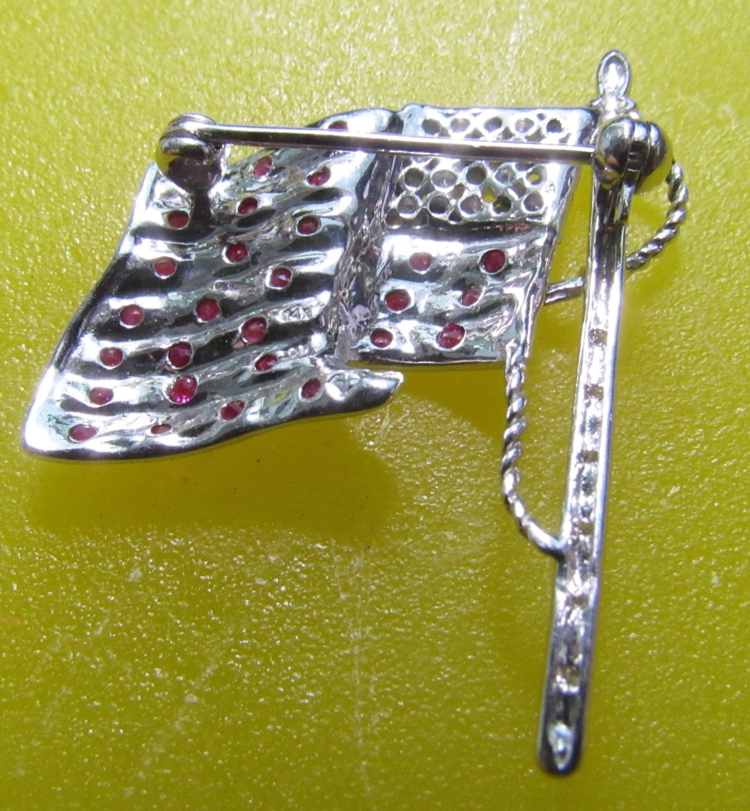 14K White Gold American Flag Pin Brooch Rubies Sapphires Diamonds Patriot