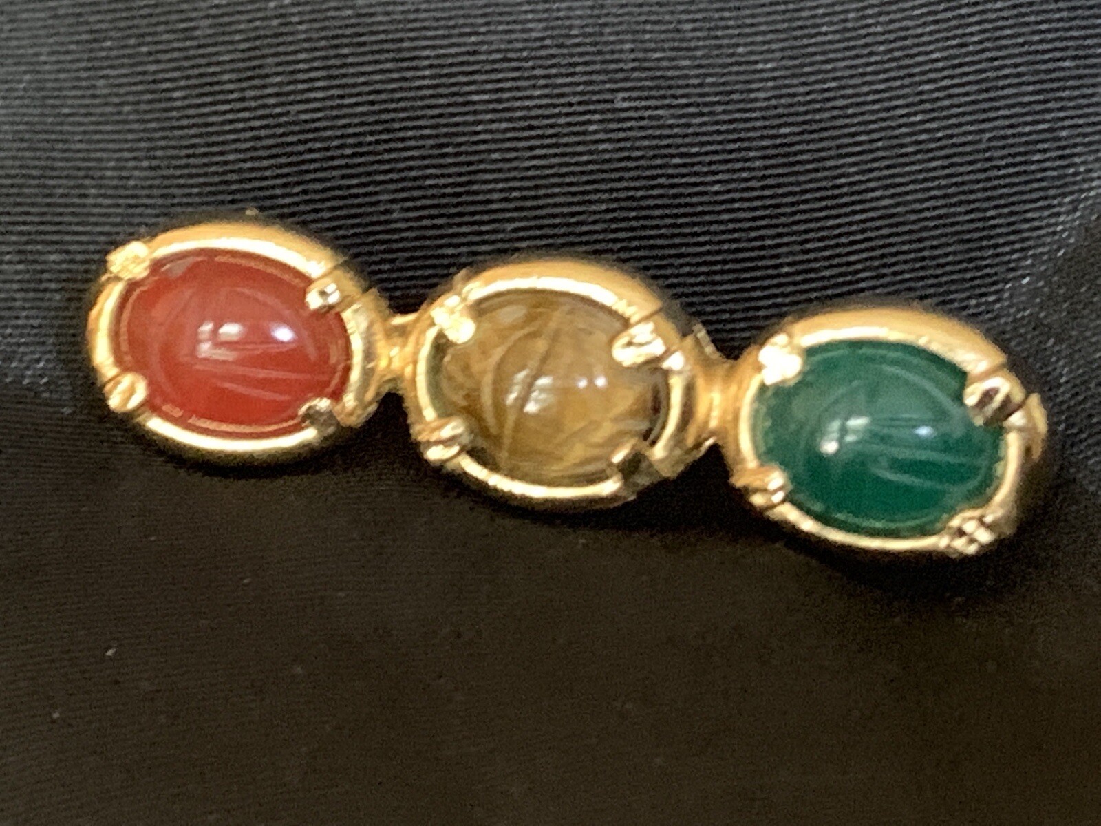Vintage Multi-Gemstone Carved Scarab Brooch Pin Bar Carnelian Tiger’s Eye & Jade