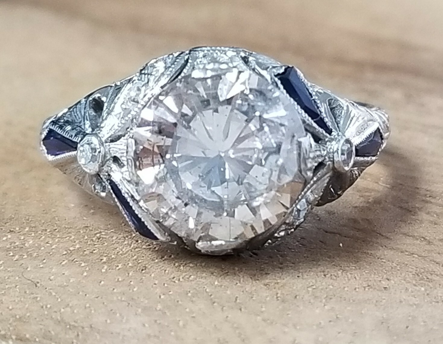 18k White Gold Vintage Filigree Engagement Ring 2.65ct Round Champagne Diamond