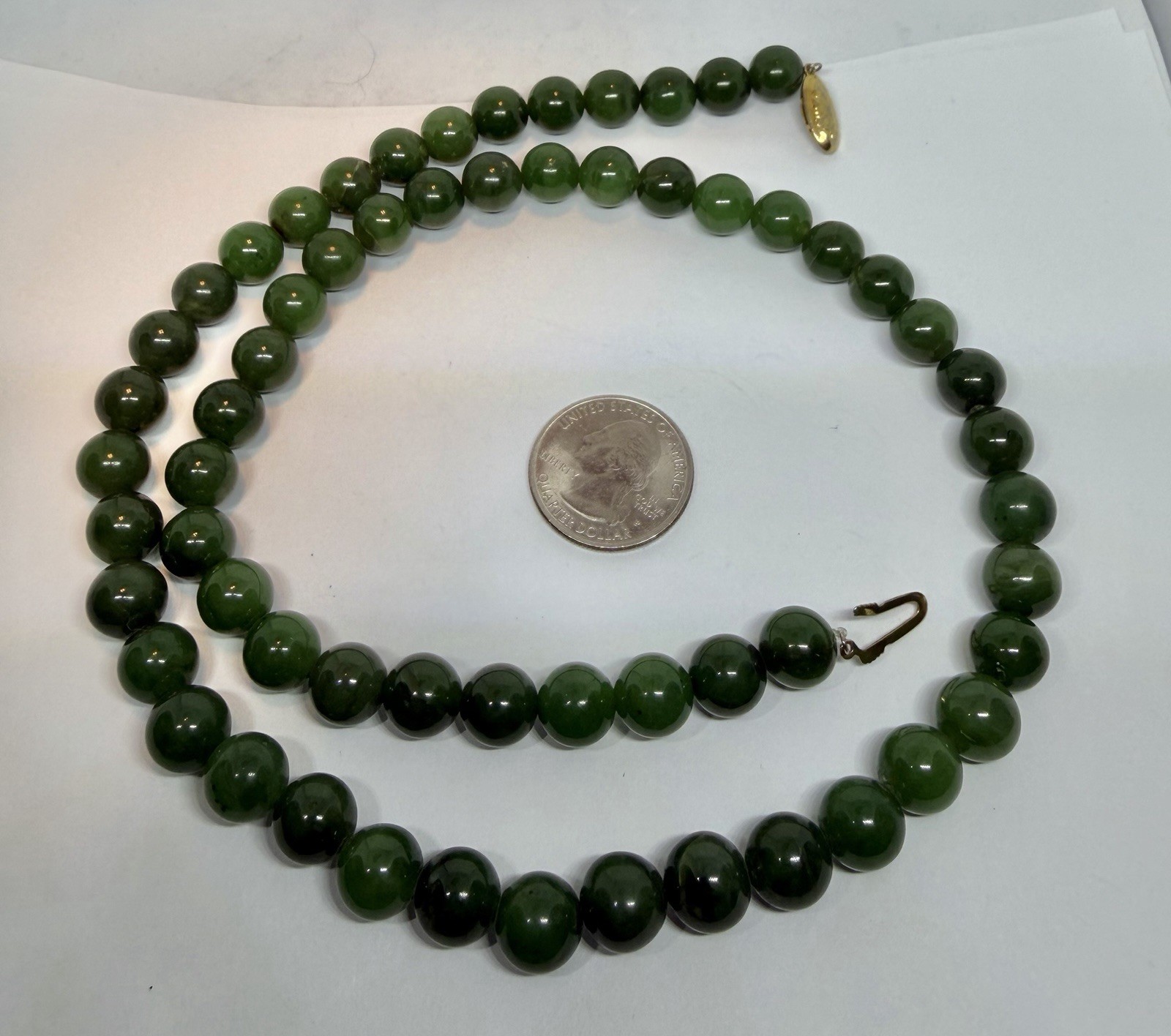 Vintage 8mm Dark Green Jade Beads Necklace Goldtone Clasp 23”