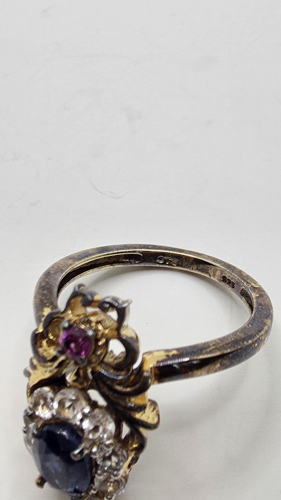 Vintage Sterling Silver 925 Victorian Two Tone Sapphire And Ruby Ring Size 7