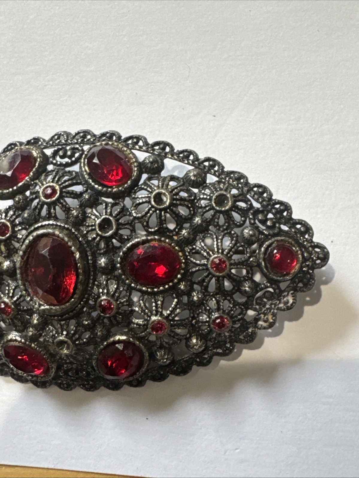 Antique New England NE Glass Works Large Brooch Red Rhinestone Floral Filigree3”