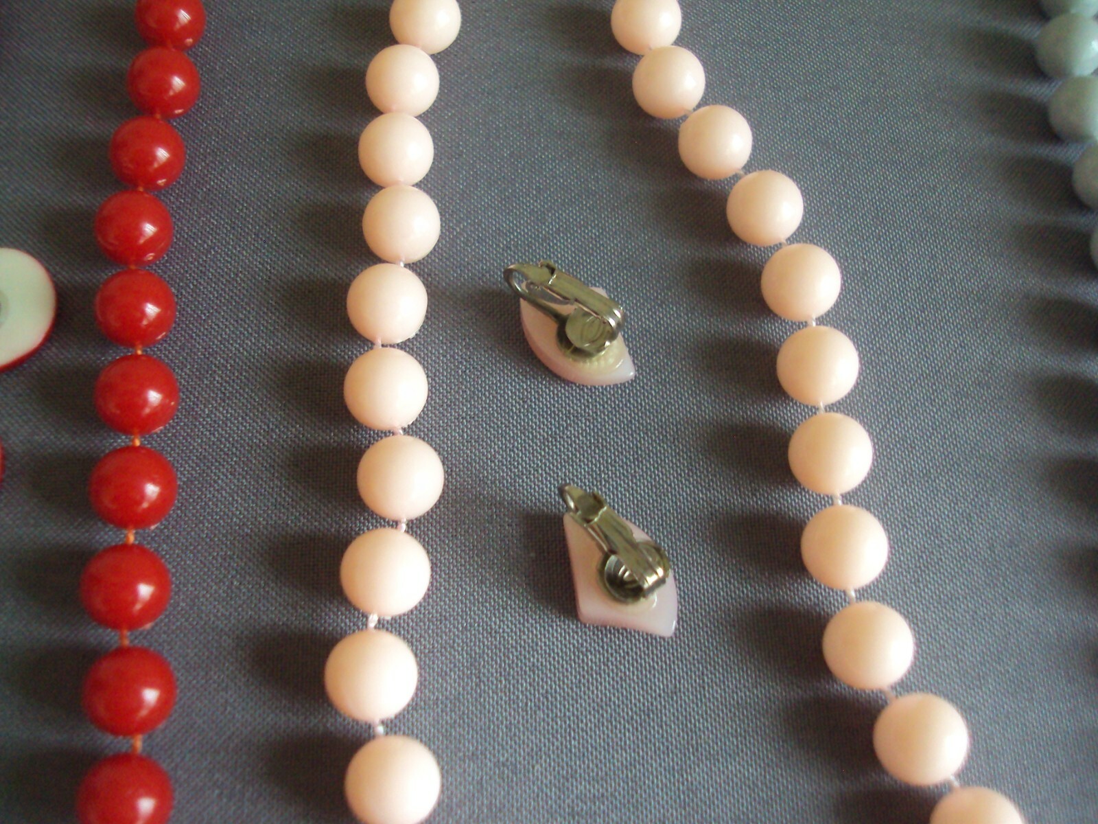 Lot of Vintage Plastic Bead Necklaces and Clip Earrings Red, Blue, Pink, Gray