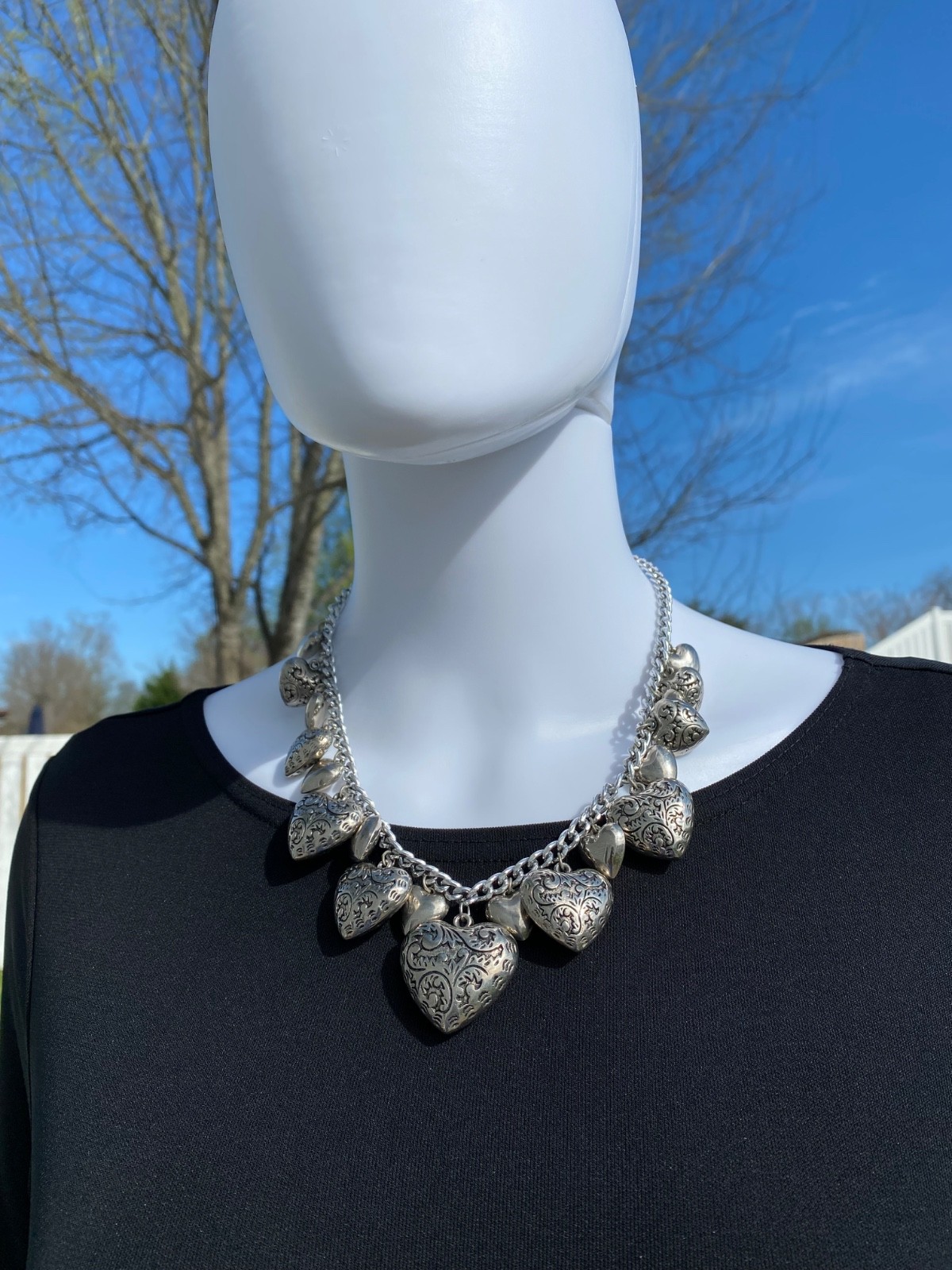 Necklace Chain Victorian Hearts Silver Tone Vintage