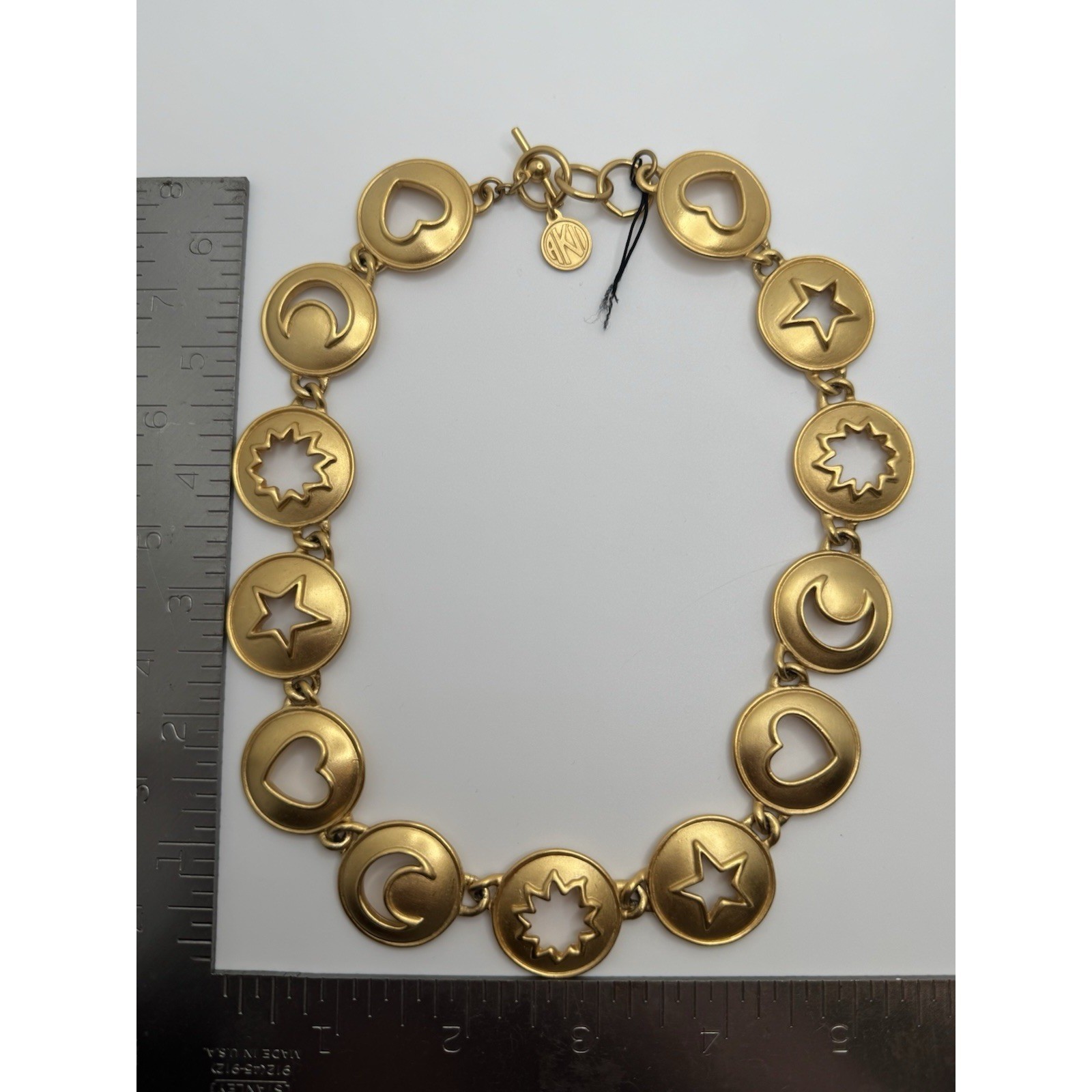 Vintage Anne Klein Necklace Matte Gold Tone Heart Star Moon Cut Out Round Link