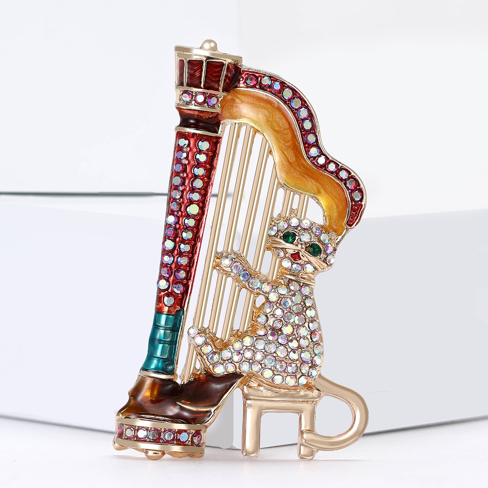 Creative Harp-Playing Cat Brooch Alloy Rhinestone Pin Women’s Clothing Accessory