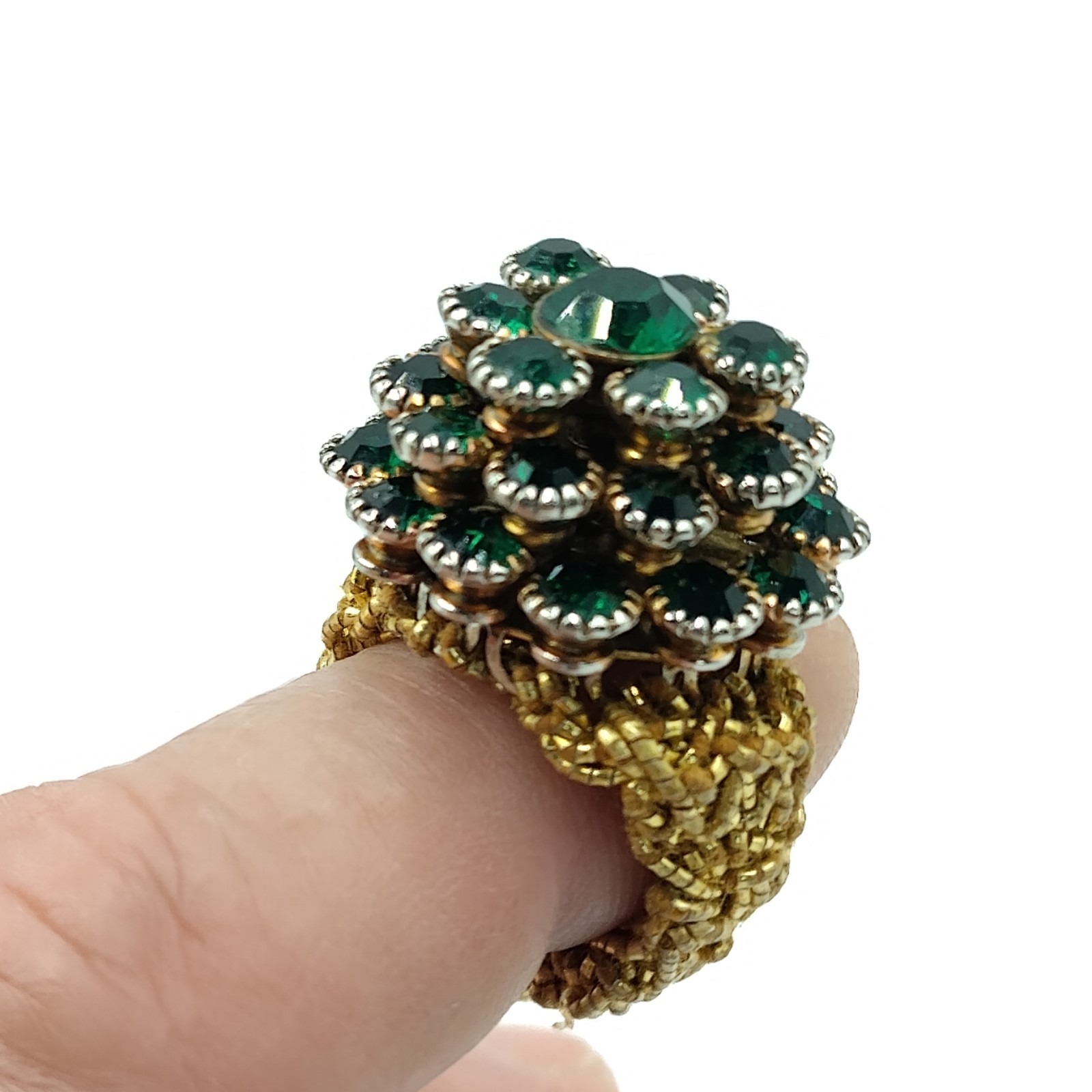 Vintage Dome Ring Green Rhinestone with Woven Stretch Golden Band