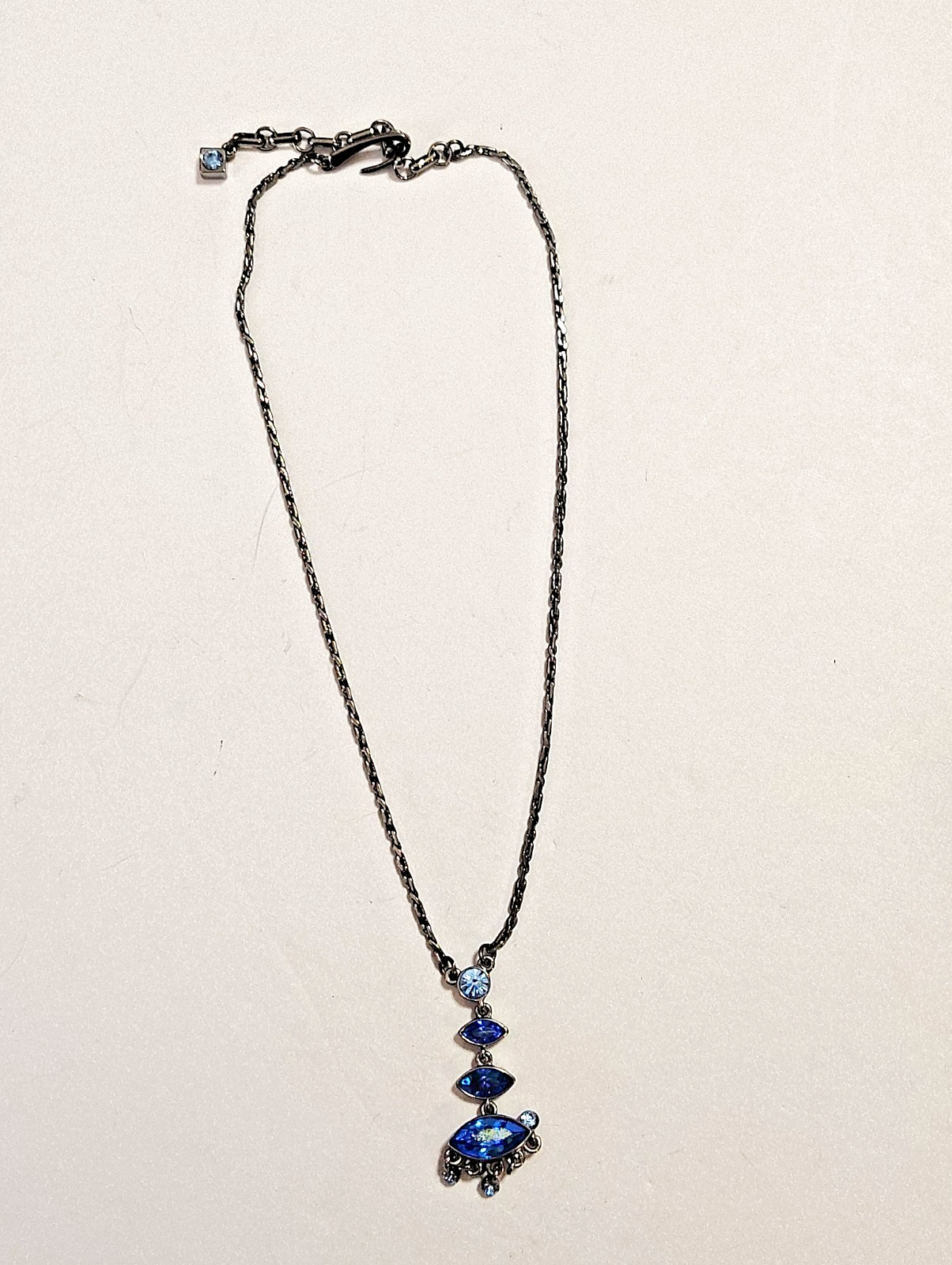 Vintage GIVENCHY Y-Drop Gunmetal & Blue Crystal Rhinestone Necklace 15″ – 17″