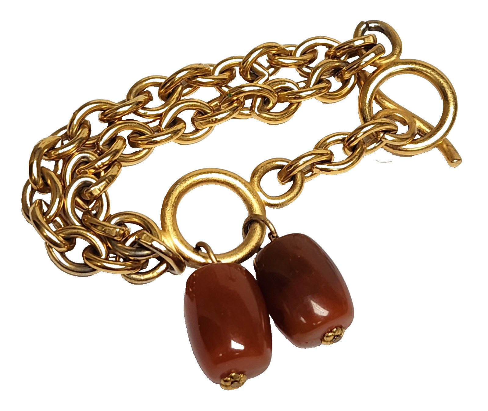 Vintage 80’s Brushed Gold Tone Double Rolo Link Toggle Bracelet Barrell Dangles