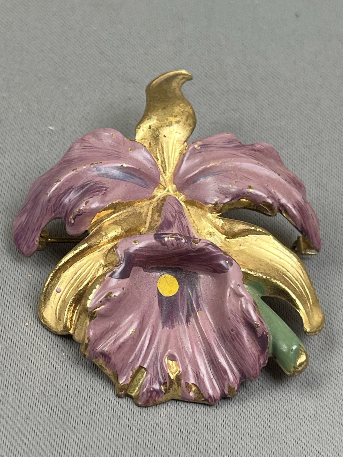 Vintage Orchid Brooch Purple Gold-Tone 1950s Flower Pin Corsage Brooch Painted