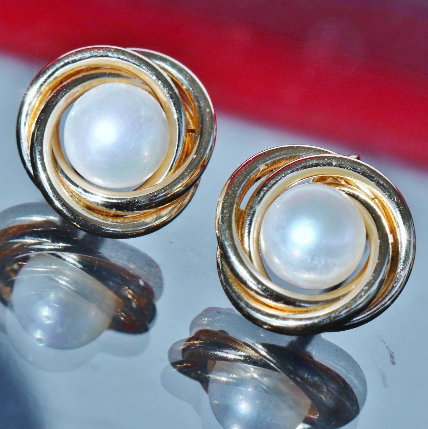 14k yellow gold earrings 5.3mm cultured freshwater pearl swirl stud 1.5gr N3011k