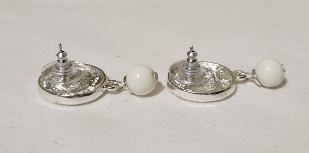 Vintage Givenchy Signed Logo Silver Tone with White Ball Pierced Dangle Earrings