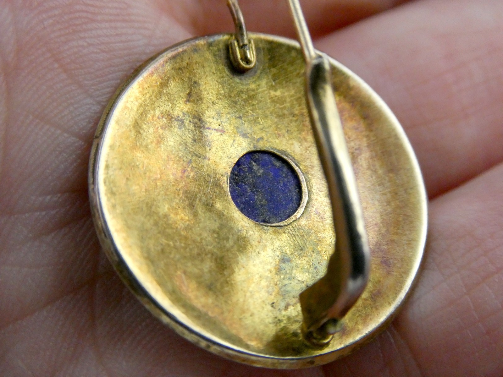 Vintage Gilt Sterling Silver Scroll Motif Lapis Lazuli Hook Earrings 7.3g 1.25In