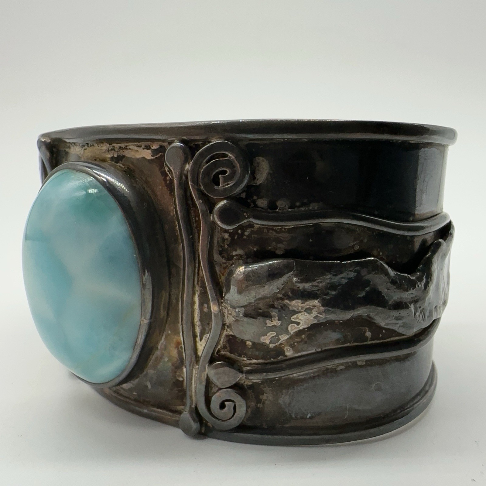 VTG Signed 980 Sterling Silver Larimar Cuff Bracelet 55.1g #bes
