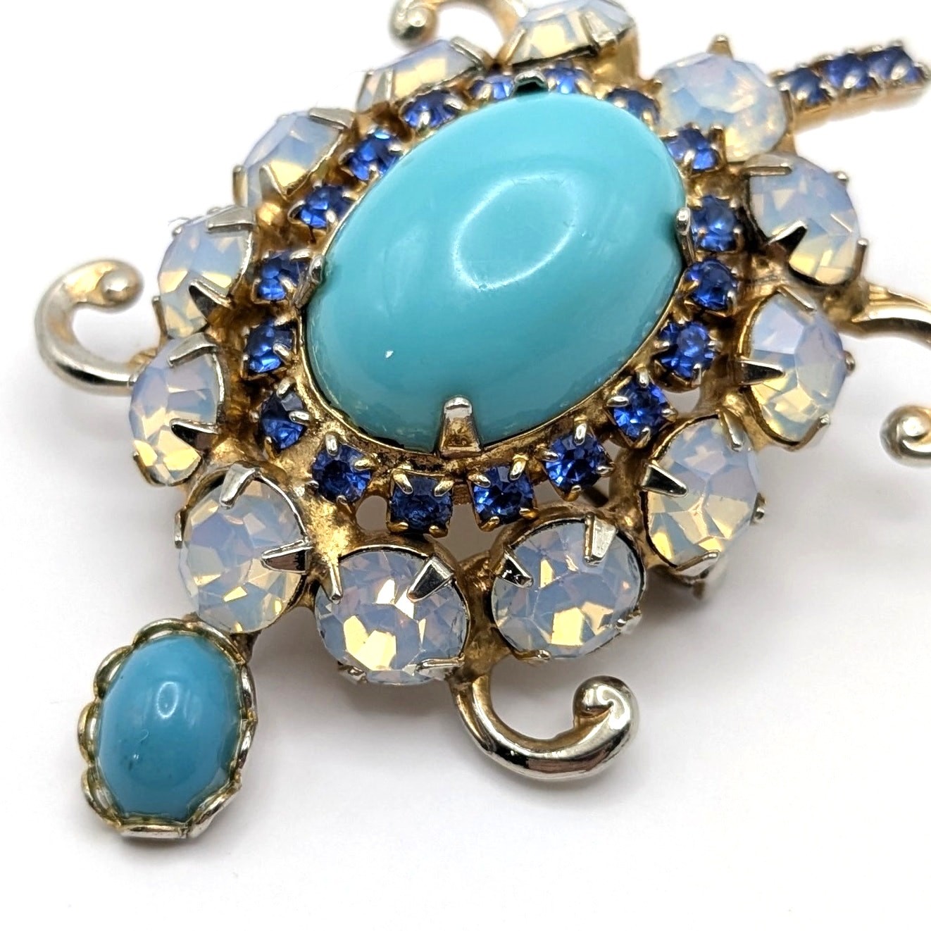 Vintage Rhinestone Blue Cabochon Figural Turtle Sea Life Brooch Pin 2in