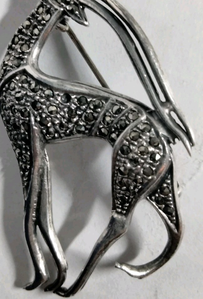 Sterling Silver Rare 925 Antique Antelope/White Stag Marcasite Brooch/Pin