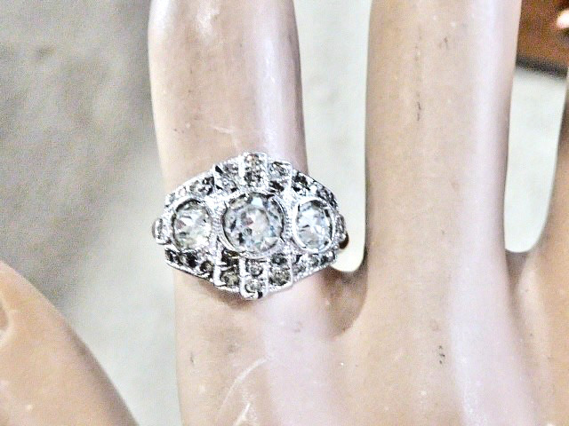 ANTIQUE EDWARDIAN 10K YG ON STERLING SILVER SIZE 6.75 CLEAR STONE RING DECO RING