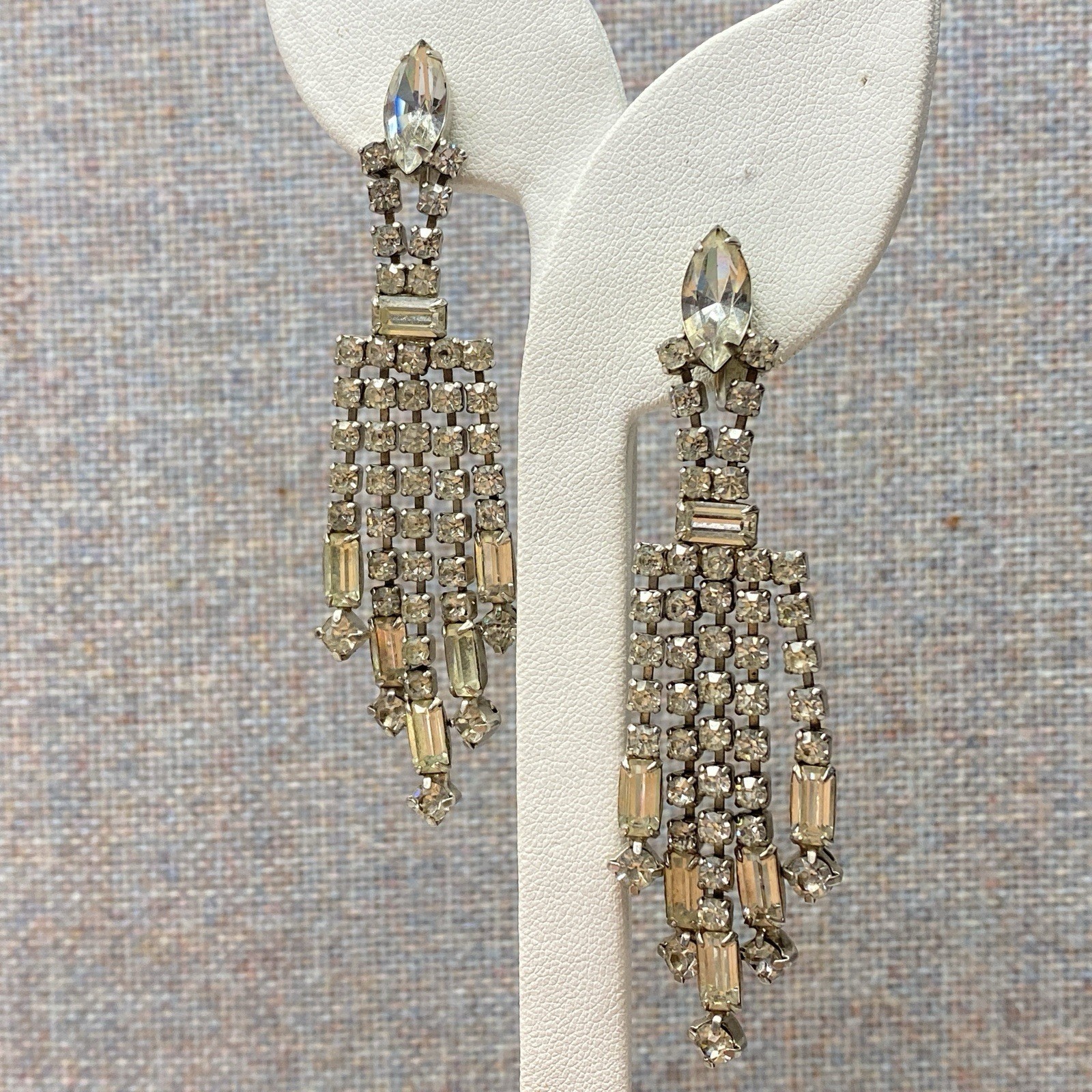 Vintage Rhinestone Clip On Earrings 3″ Drop 5 Strands Screw Back Old Money
