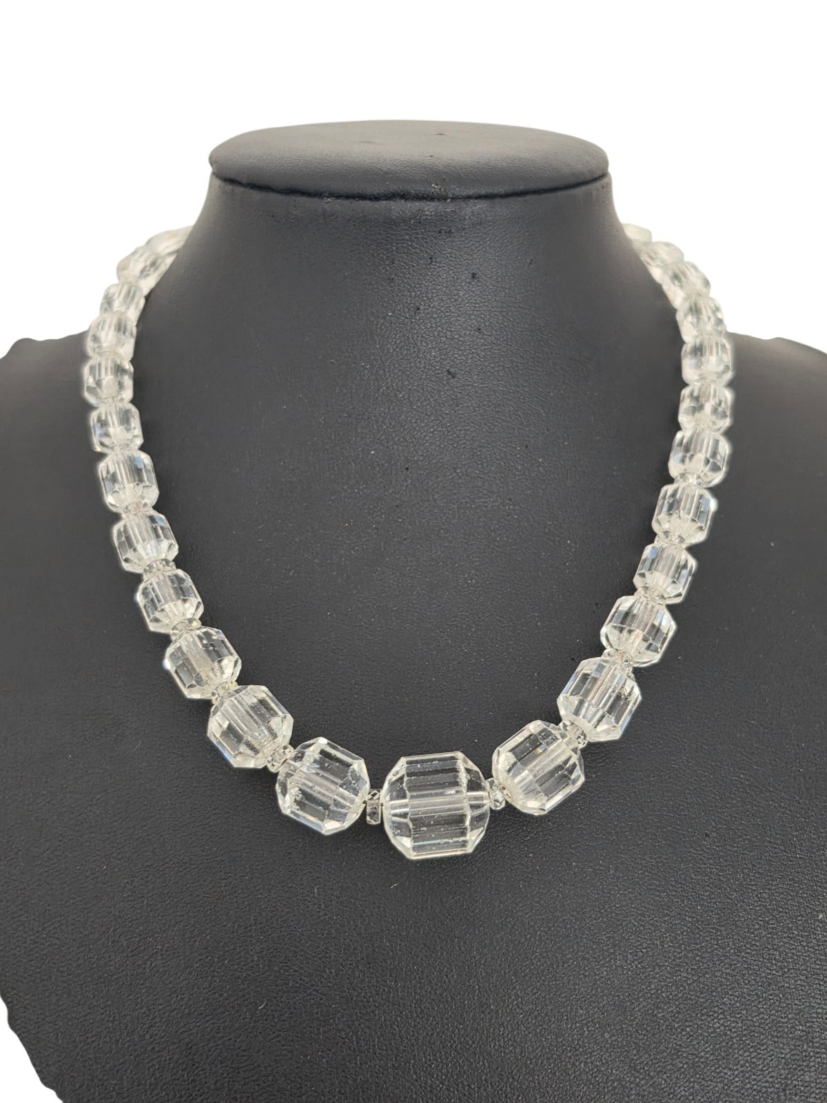 Vintage Clear Faceted Crystal Glass Cube Cut Bead Necklace Art Deco Style 15”