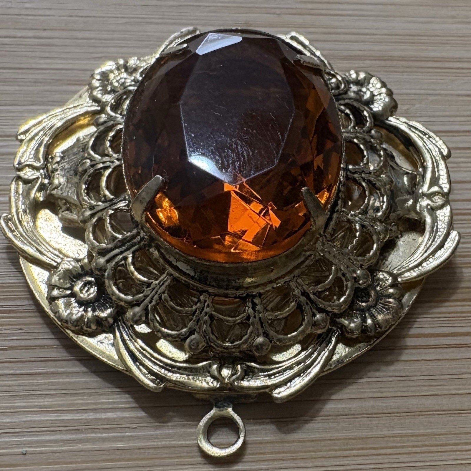 Vintage Victorian Revival Filigree Pendant Honey Amber Glass Gold Tone Ornate