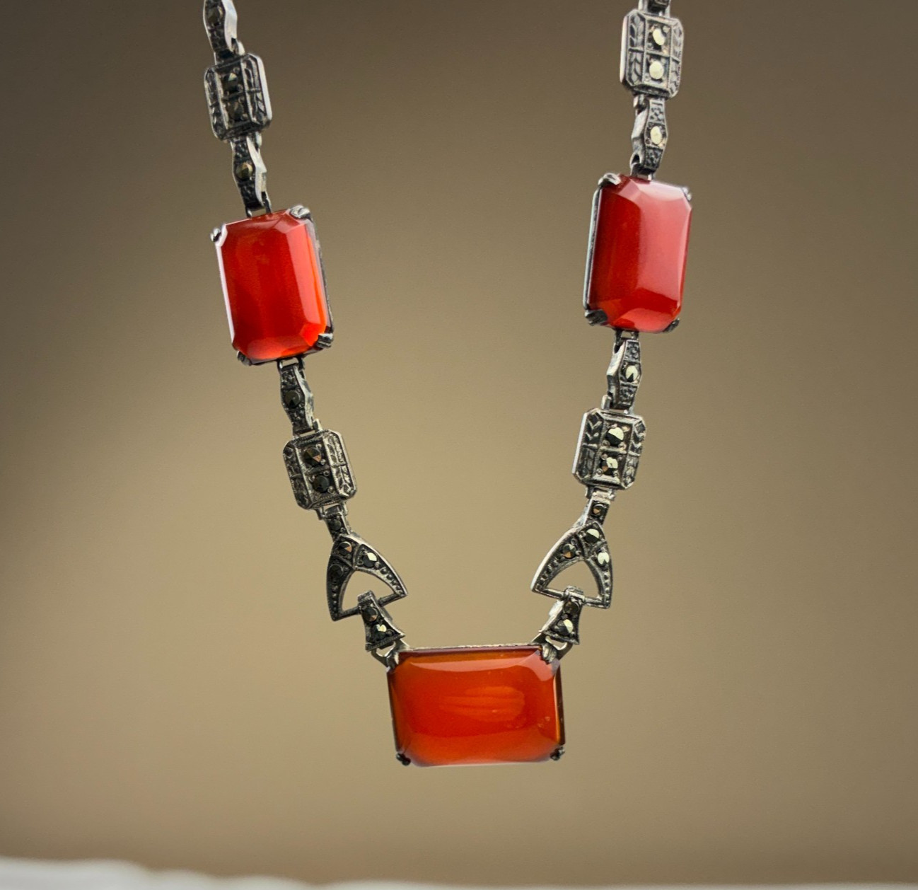 Antique Art Deco Carnelian Glass Sterling Silver & Rhinestones Necklace 16″