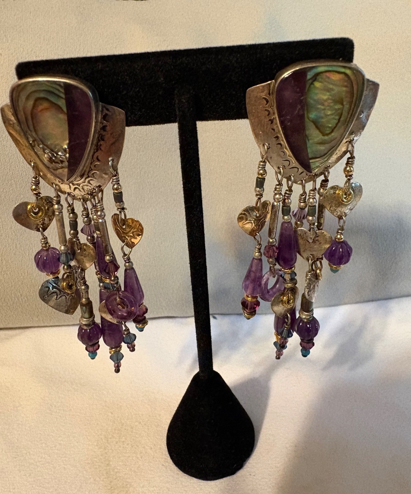 Vintage Tabra Earrings–Amethyst and Abalone–Sterling Silver and Gold