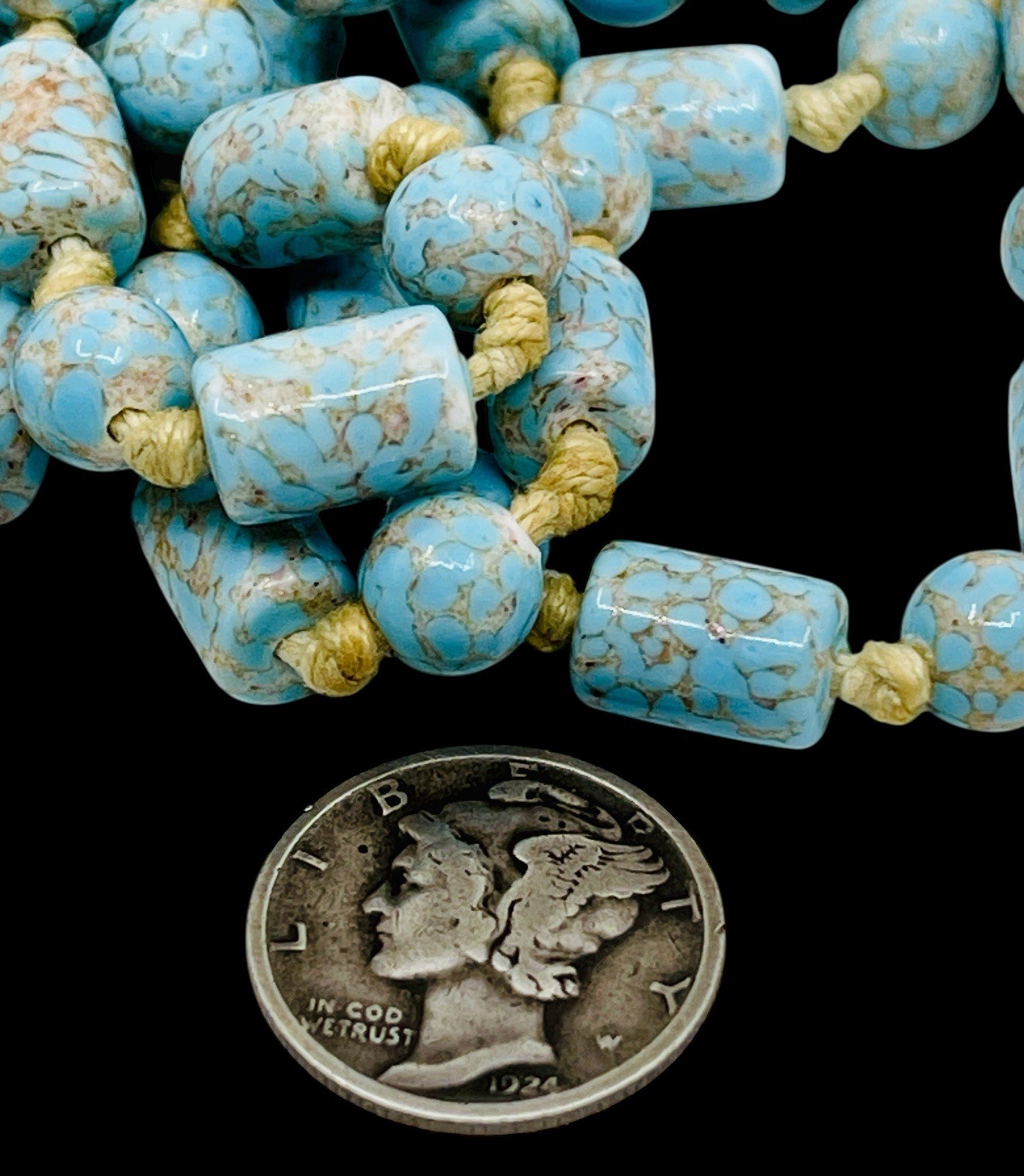 Long Antique Art Deco Circa 1920’s Robin’s Egg Blue Flapper Bead Necklace 60” L