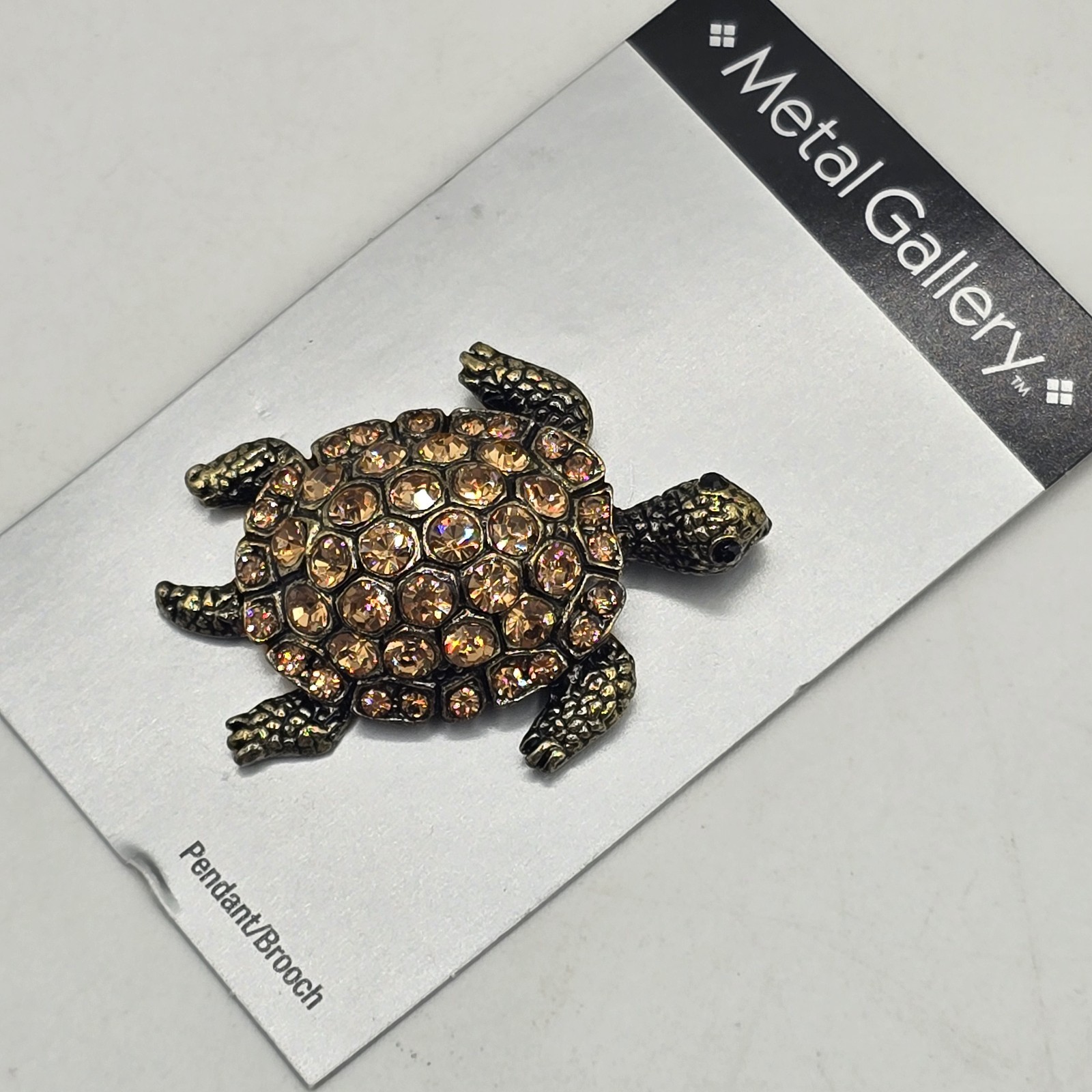 Beautiful Brass-tone Light Brown Rhinestone Shell TURTLE Figural Pin Pendant